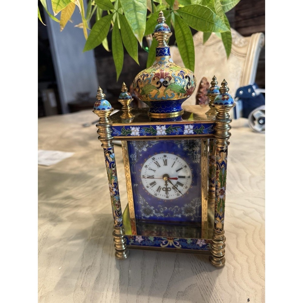 Vintage Chinese  Cloisonné Brass Enamel Blue Floral Mantle Carriage Clock.